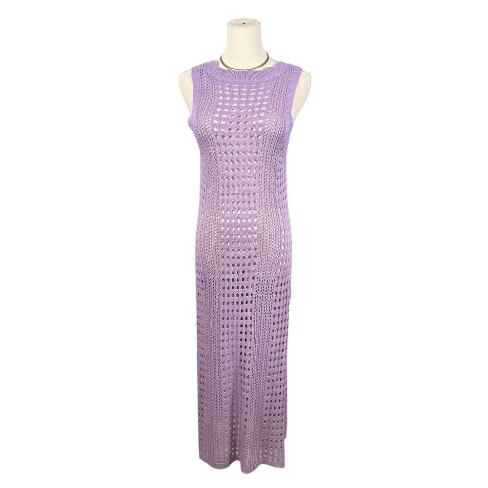 Lavender Open Knit Maxi Cover Up Dress Sheer Crochet Style OS Beach Festival